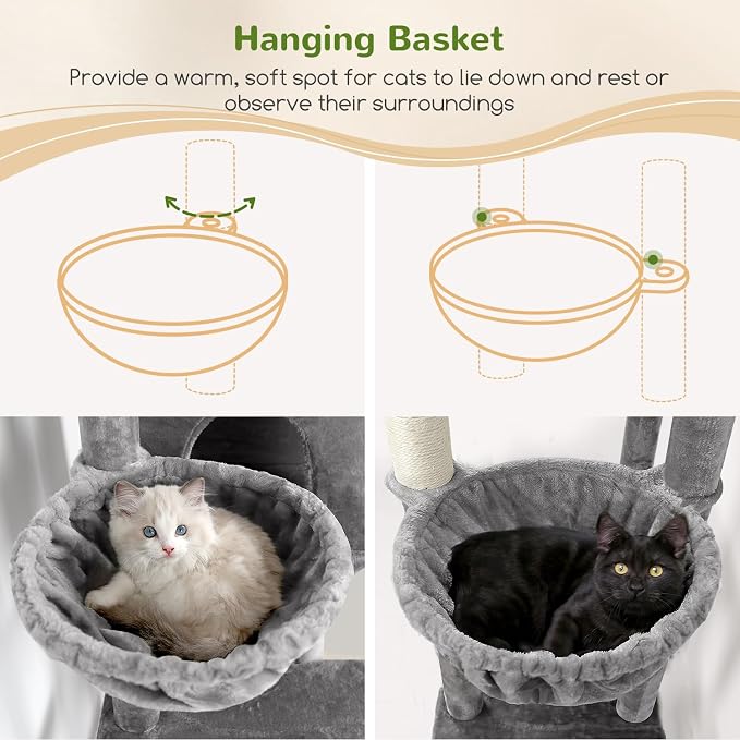Globlazer Sturdy Cat Tree for Indoor Cats 20 lbs, S68, Cloud Grey | 68-inch Large Cat Tower for Adult Big Cats, Heavy Duty Cat Tree with Extra Large Platform, 5 Scratching Post - Image 4