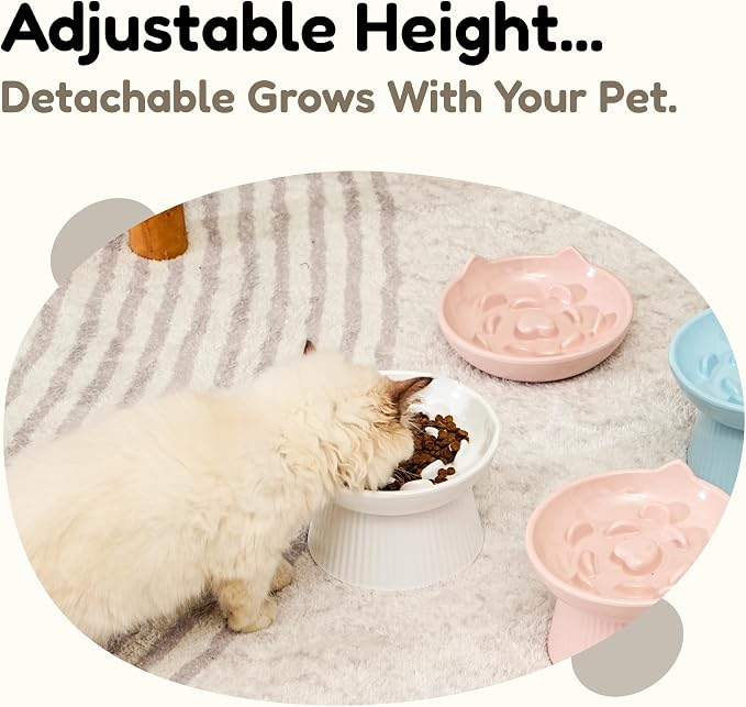 Unbreakable Raised Slow Feeder Bowl for Cats and Small Dogs, Elevated Cat Bowls, Detachable Slow Feede Bowl, Heavy Weighted, Non-Slip Feeder, Dry & Wet Food, Whisker Friendly Flat Plates (White - Image 4