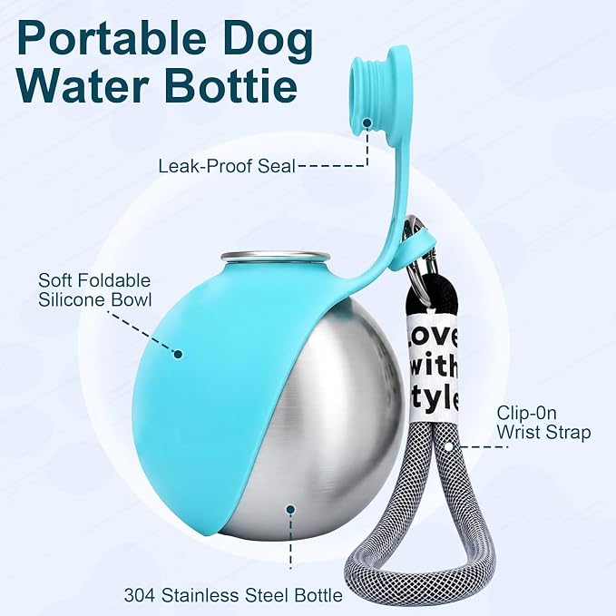 2 in 1 Portable Dog Water Bottle, 11 oz Leak-Proof Stainless Steel Bottle with Food-Grade Collapsible Silicone Bowl, Portable Hydration Gear for Walks, Hikes & Camping, Single Blue Unit - Image 6
