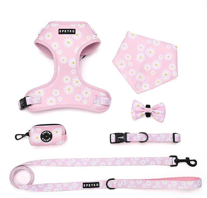 Small Dog Harness and Leash Set of 6, No Pull Soft Lightweight Mesh Puppy Harness， Adjustable Cute Floral Pattern Pet Harness for Small Medium Dogs (Pink Flowers, XS) by Unknown