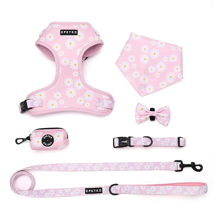 Small Dog Harness and Leash Set of 6, No Pull Soft Lightweight Mesh Puppy Harness， Adjustable Cute Floral Pattern Pet Harness for Small Medium Dogs (Pink Flowers, M) by Unknown