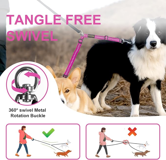 MingXpet Double Dog Leash for Two Dogs, No Pull Dog Leash, 360° Swivel No Tangle for Large Dogs Walking & Training, Shock Absorbing Reflective Bungee, Rose - Image 4