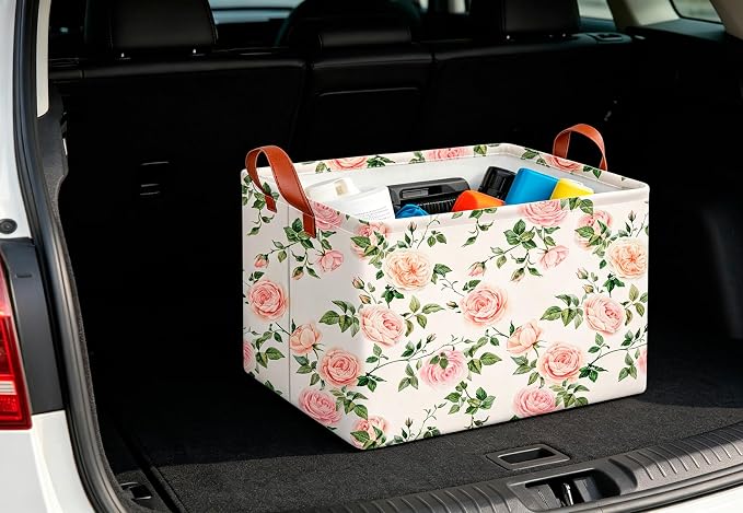 CLOCOR Rectangular Storage Basket Empty,Gift Basket,Waterproof Storage Bin with Handles,Room Decor(Watercolor Rose) - Image 2