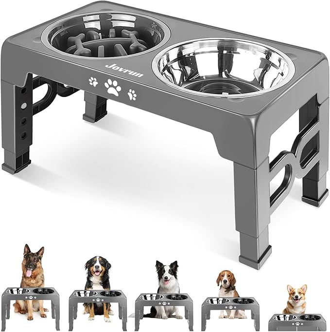 Jovrun Elevated Dog Bowls for Medium Large Size Dogs, Non-Slip Dog Feeder with 1*Stainless Steel Dishes & 1*Slow Feeder Bowl, 5 Heights Adjustable Raised Bowls to 3.15″-8.66″-9.84″-11.02″-12.2″ by Jovrun