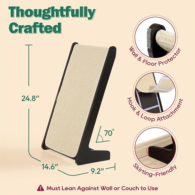 Zakkart L-Shaped Sisal Cat Scratcher, 24.8'' Tall Convertible 70° Vertical Scratching Pad & 20° Ramp Scratcher, Natural Sisal Mat, Solid Wood Frame, Helps Protect Furniture, Easy Assembly (Dark) - Image 5