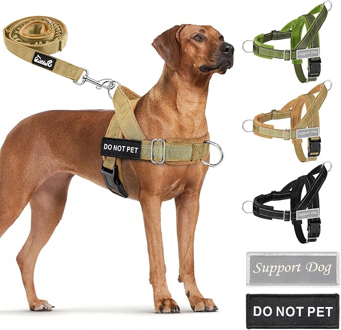 SlowTon No Pull Dog Harness with Front Clip - Heavy Duty, Soft Padded | Neck & Chest Adjustable, Tactical Pet Vest and Leash Set for Large Medium Sized Dogs, for Easy Walk & Training, Tan XL by SlowTon