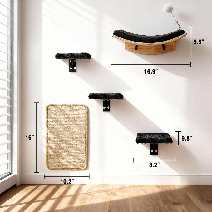 Wooden Cat Wall Shelves and Perches, 5 Piece Wall Mounted Cat Furniture System with Soft Washable Pads, Modern & Space-Saving Design for Climbing and Play - Image 7