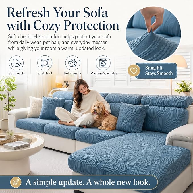Stretch Sofa Slipcover, 2026 Upgraded Non Slip Couch Cover with Adjustable Straps, Pet Dog Cat Friendly Furniture Protector for 3 Seater, Washable for Living Room - Image 4