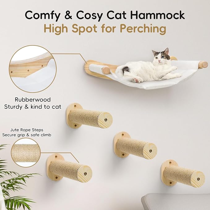 Cat Wall Hammock & Steps Set - Wall Mounted, 21 * 18 in for Large Cats - Screw-in Climbing Play Set - Image 2