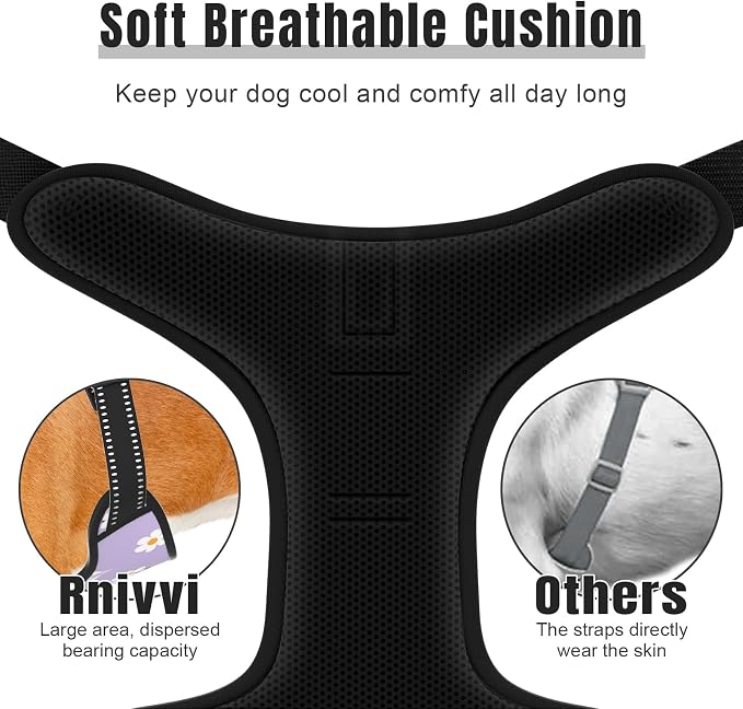 Rnivvi No Pull Dog Harness, Cute Flower Reflective X-Small Sized Puppy Harness, Adjustable Soft Padded Vest for Small Dogs, Cats, Heavy Duty Pet Vest with Easy Control Handle for Walking, Purple White - Image 4