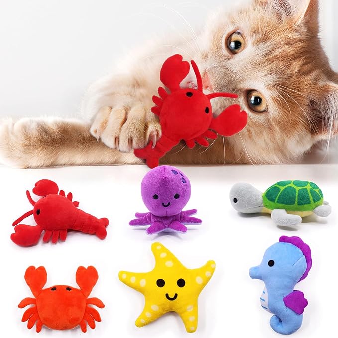 CiyvoLyeen Plush Sea Animal Catnip Toys for Indoor Cats 6 Pack | Lobster Cat Chew Toys, Boredom Relief, Interactive Play, Soft Durable Plush with Catnip, Funny Gift for Cat Lovers & Kitten by CiyvoLyeen