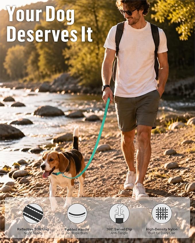 FunTags Reflective Nylon Dog Leash for Small & Medium Dogs, 6FT for Walks | Comfortable Padded Grip, Stay Safe at Night, 360° Anti-Tangle Swivel, for Dog Parks & Trails, Turquoise - Image 6