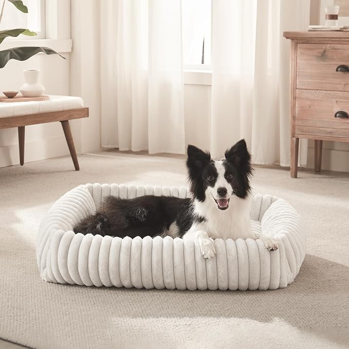 FURTIME Dog Bed for Small Medium Dog, Washable Orthopedic Pet Bed with Removable Cover, Rectangle Soft Calming Sleeping Puppy Bed Durable Pet Cuddler with Anti-Slip Bottom, Cream, M (25"x21"x7") - Image 9