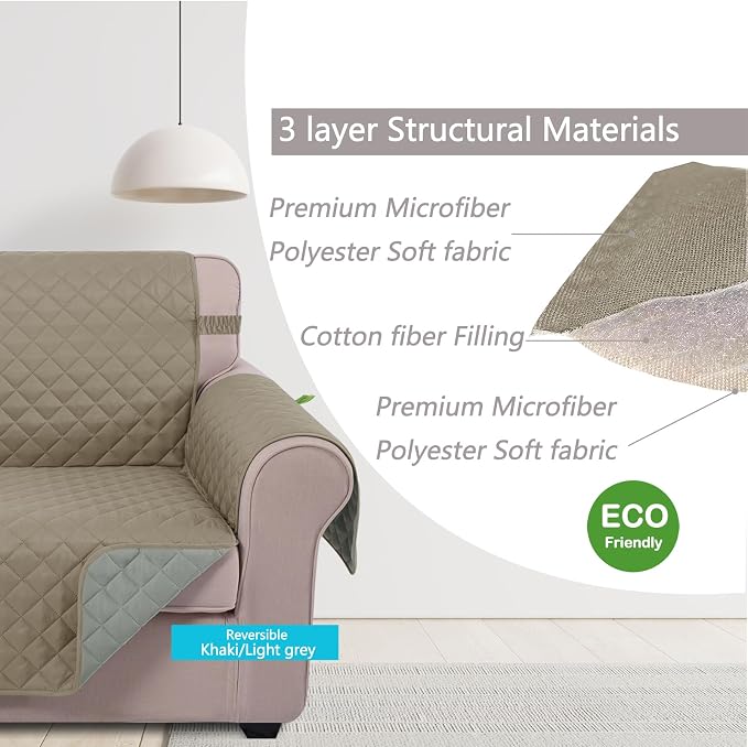 U-NICE HOME Reversible Sofa Cover Couch Cover for Dogs, Khaki/Light Grey | 68''Sofa Mat Washable, Pet Friendly, Elastic Straps, Water Repellent, Furniture Protector for 3 Cushion Couch - Image 5
