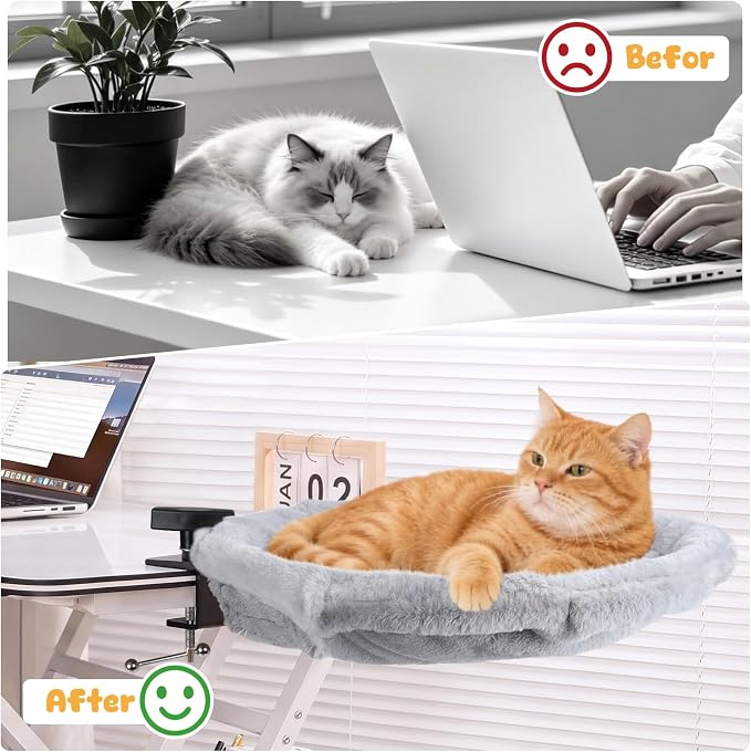 Topmart Cat Desk Bed with 360° Rotating,Cat Hammock with 2 Washable Pads | Easy to Install, Kittens Bed for Desk Attachment for Home Office,Up to 45LBS, Grey & Black - Image 2