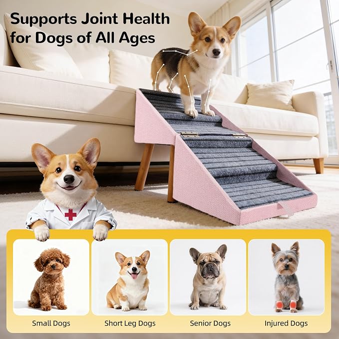 Dog ramp for Small Dogs, 2-in-1 Pet Steps & Ottoman | Foldable Dog ramp for Couch, Non-Slip Wooden Pet ramp for Puppy Senior Injured Dogs (Pink, XL(17.13H)) - Image 2
