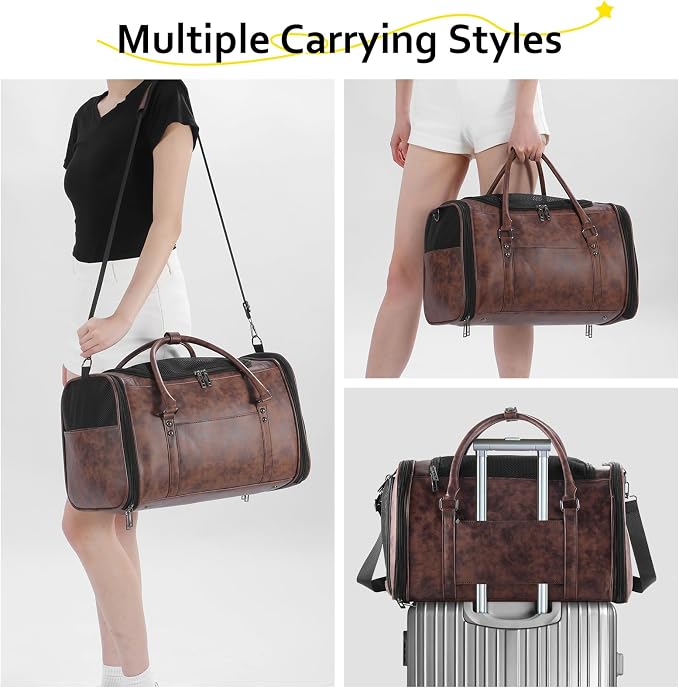 Stylish Leather Pet Carrier for Small Dogs and Cats Up to 15 lbs, Airline Approved Lightweight Travel Tote with Breathable Mesh and Shoulder Strap Coffee - Image 5