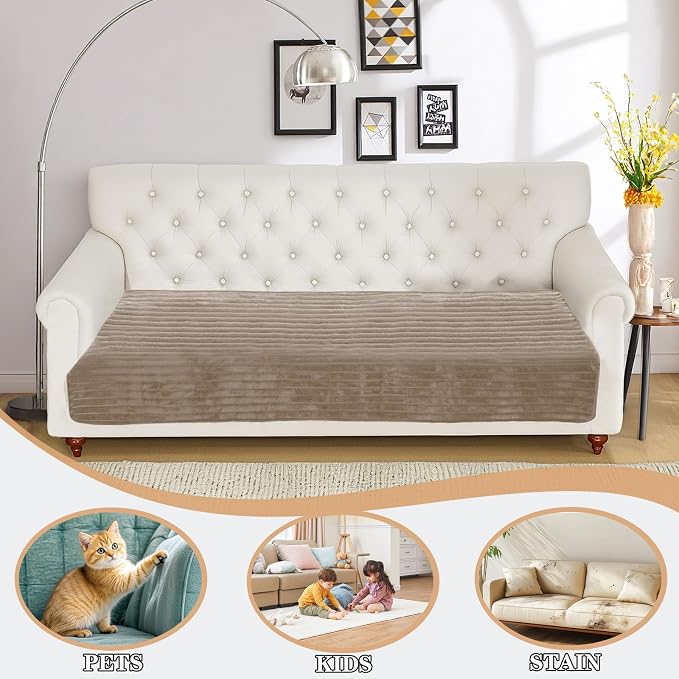 NAISI Couch Covers for Dogs Waterproof Flannel Striped Sofa Cover Pet Friendly Washable Dog Mat for Couch Anti Slip Sectional Sofa Slipcover Protector(1pc/35"x 82",Khaki) - Image 2