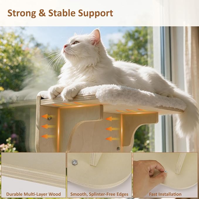 TIMIEEYA Cat Window Perch Sturdy Cat Hammock Window Seat with 2 Wood Steps, Cats Hammock Window 16"x10" Solid Wood Frame, Strong Suction Cups, Washable Cover Mat, Window Bed for Indoor Cats - Image 5