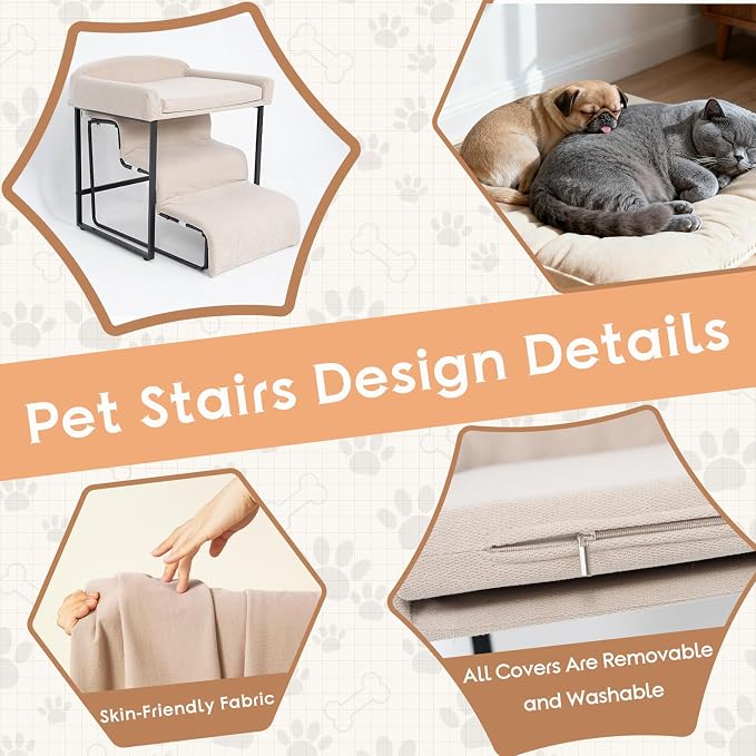 Dog Window Perch with Stairs for Dogs to get on Bed 3-Step Pet Ramp for High Beds Non-Slip Washable Cover The Sturdy Iron Frame with Ideal for Small Dogs Cats Senior Pets with Joint Issues - Image 4