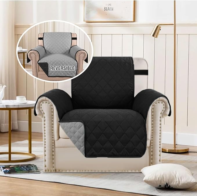 H.VERSAILTEX Reversible Chair Covers Water Repellent Chair Slipcover for Dogs Pets Furniture Protector Cover with Elastic Strap Durable and Washable Seat Width Up to 21"(Armchair, Black/Grey) - Image 3