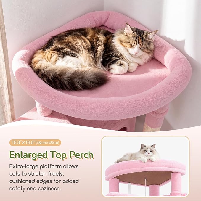 Globlazer 74in Pink Heavy Duty Cat Tree Tower for Indoor Large Cats, S74 | Sturdy Cute Cat Tower with 7 Scratching Posts, 2 Widened Padded Condos for Big Cats, Dual-Ear Baskets, Enlarged Perch, Pink - Image 2