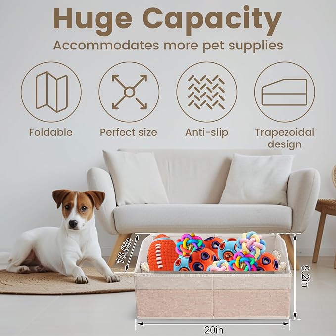 Large Dog Toy Basket with Handle, Foldable Dog Toy Box for Living Room Area , 20" Basket for Dog's Supplies, Organizer and Storage with Hard Board, Anti-Slip for Pet Toys (Beige, Medium 20"×15") - Image 2
