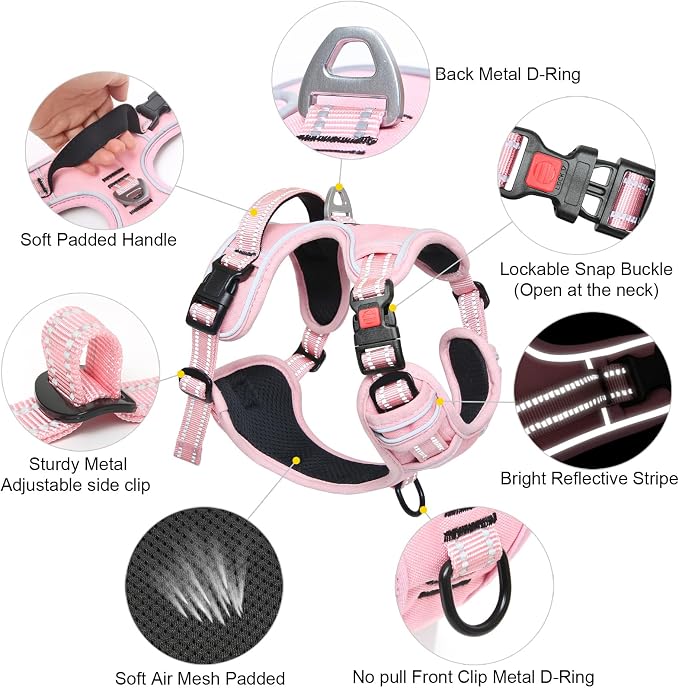 Timos Dog Harness, Front Clip No Pull Medium Sized with Handle, Pink, M | No Choke, Adjustable Reflective Soft Padded, Quick Release 3 Buckles, Easy On & Off, Front & Back 2 Clips for Outdoor Walking - Image 4