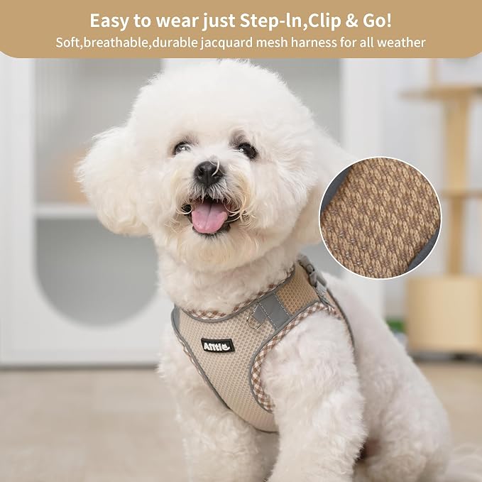 Teacup Puppy Harness and Leash Set Escape-Proof, Brown-Beige S | No Pull Step-in Vest, Breathable Mesh, Reflective Design with High-Stick Magic Tape, Outdoor Use for Poodles, Pomeranians - Image 8
