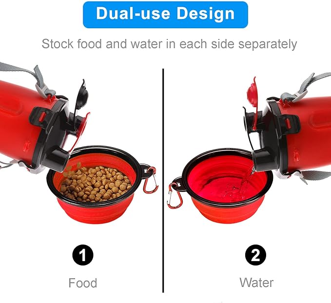 Dog Travel Water Bottle Collapsible Bowls, 2 in 1 Pet Food Container with Collapse Bowls, Outdoor Portable Water Bowls for Walking, Traveling, Camping and Hiking (Red) - Image 3