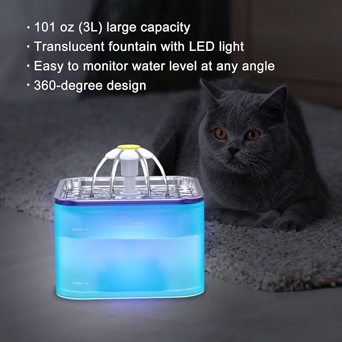Wonder Creature Crystal Cat Water Fountain Stainless Steel Lid, 101oz/3L | Pet Fountain with Transparent Base, Quiet Pump, LED Indicator Light, Triple Filtration, 3 Flow Modes for Cats and Dogs - Image 2