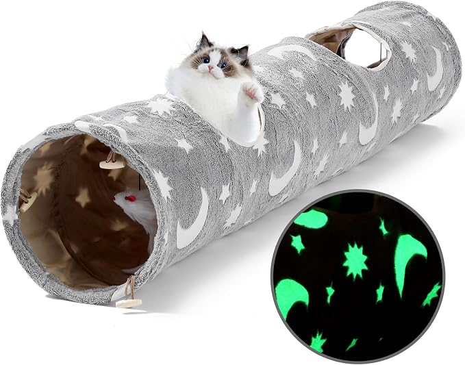 Cat Tunnels for Indoor Cats with Plush Toys Glows in The Dark Dog Cat Tunnel Tube Toys Photoluminescent for Indoor Cats Small Dogs Puppy Kitten Rabbit Bunny Ferret Pet Gray by Unknown