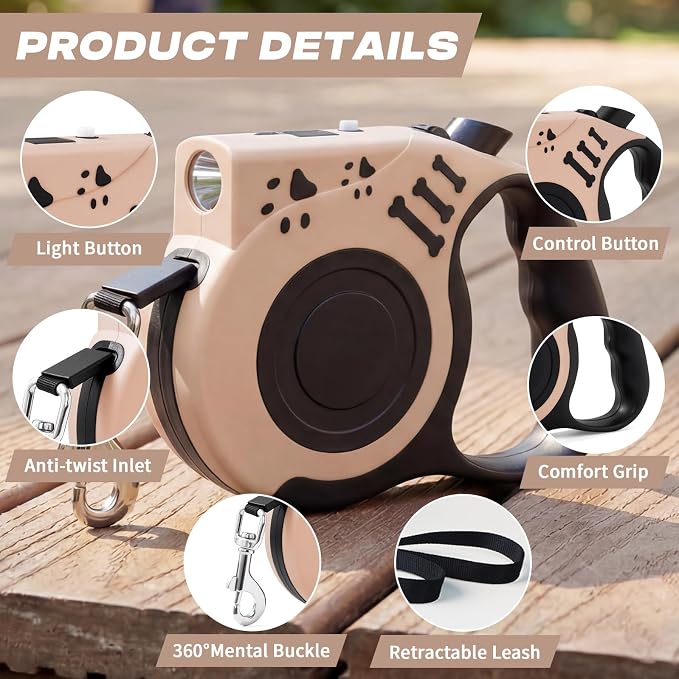 Retractable Dog Leash with USB Rechargeable Flashlight, Beige | 16FT Automatic Telescopic Tractor Dog Leash, Durable ABS Case and Comfort Grip, Designed for Small Medium Dogs Up to 30lbs - Image 6