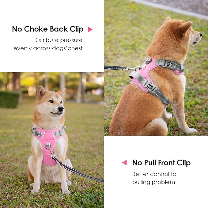 No Pull Dog Harness, Unique Colors Reflective Adjustable Dog Vest | with Soft Training Handle Metal Clips for Small Medium Large Dogs (Baby Pink Base & Grey Straps,M) - Image 4