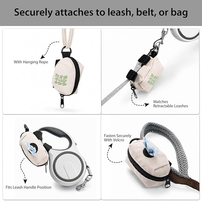 Dog Waste Bag Dispenser, Poop Bag Holders for Leashes, Beige | Soft Fabric Zipper Small Dog Puppy Pouch for Leash Accessory Attachment, Doggy Poop Bag Holder for Travel, Dog Walking, Park - Image 3