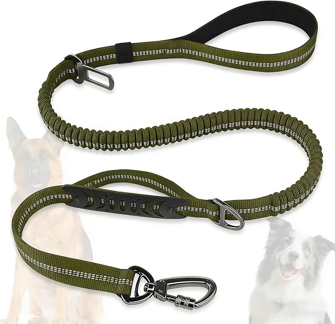 Dog Leash Heavy Duty, 4-6FT Bungee Leash Reflective Car Seat Belt for Dogs | Strong Shock Absorbing Tactical with 2 Padded Handles, Dog Tug Lead for L XL Dogs Walking Running Training | Olive Drab by Misthis