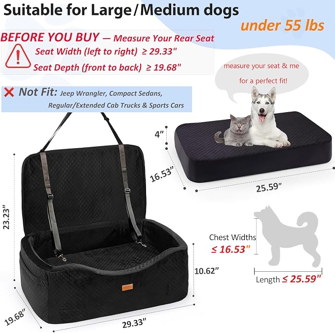 BLVRYVIO Large Dog Car Seat for Medium Sized Dogs Under 55lbs or 2 Smalls | Double Pet Booster Dog Seat for Car with 4" Memory Foam for Back Seat, Triple Safety Belts, Storage Pockets, Washable, Black - Image 2