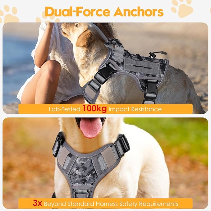 Heavy-Duty Tactical Dog Harness for Large Dogs, No Pull Adjustable Reflective Pet Vest with Molle System, K9 Military-Grade Control for Service Training, Outdoor & 10+ Breeds, Gray Camo, Medium - Image 4
