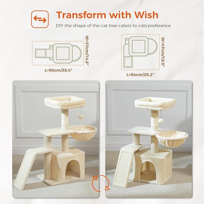 PETEPELA Cactus Cat Tree for Kittens & Small Cats, 32in Cat Tower, Beige | Compact 4-in-1: sisal ramp, cozy hammock, condo & washable top bed; for kittens & small indoor cats - Image 2