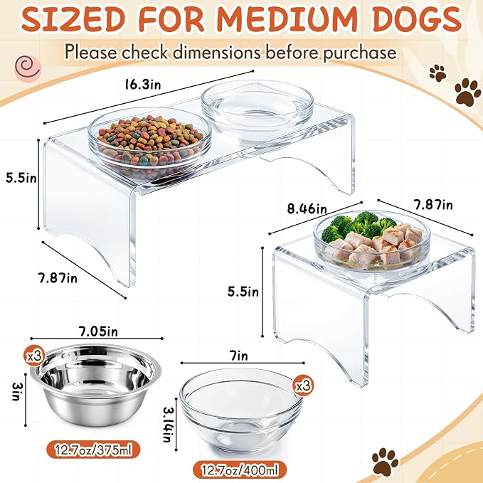 Raised Dog Bowl Stand, 3 Bowl Elevated Dog Feeder for Medium Dogs, Clear Acrylic Modern Feeding Station with 6 Bowls (Glass & Stainless Steel), Non Slip, Supports Better Digestion - Image 3