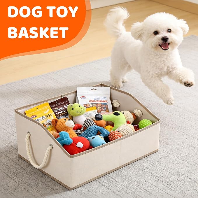 Dog Toy Basket with Handle, Foldable Dog Toy Box for Living Room Area, 20" Basket for Dog‘s Toys, Clothes, Organizers and Storage with Hard Board, Anti-Slip for Pet Toys - Image 6