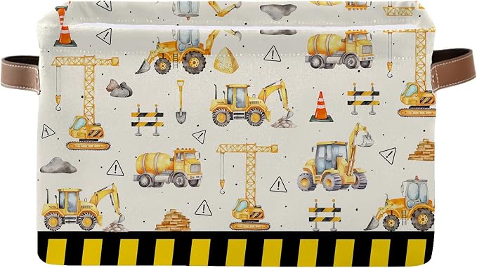 Construction Truck Basket - Excavator Storage Baskets Collapsible - Bulldozer Storages Bin Decor - Tractor Decor for Boys Room - Excavator Rectangle Baskets for Kids Clothes, Gifts, Books by JOPJOLIW