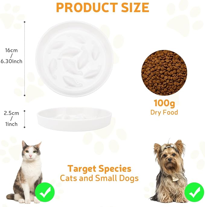 Ceramic Slow Feeder Cat Bowl 6.3" Wide (White) | Anti-Gulping & Keep Fit, Dishwasher Safe, For Dry and Wet Food, For Cats and Small Dogs, Shallow Bottom Puzzle Feeder - Image 2