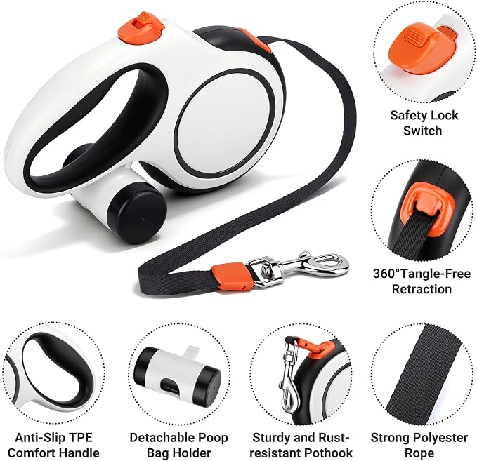 Segarty 16 Ft 360°Tangle-Free Leash with Detachable Waste Bag Holder, Retractable Dog Lead for Pet up to 66 Lbs, 5m White Walking Leash with Anti-Slip Handle & One-Handed Brake Pause Lock for Outdoors - Image 3