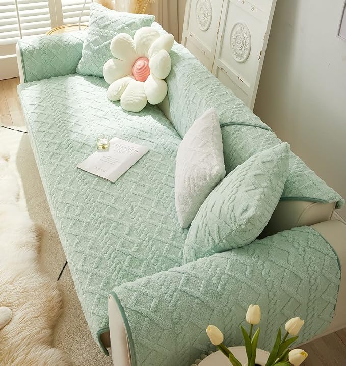 vctops Geometric Jacquard Plush Sofa Couch Covers Farmhouse Neutral Non Slip Sectional Couch Cover Soft Warm Sofa Slipcover for Dogs, Children, Pets Furniture Protector (Green,36"x82") - Image 4