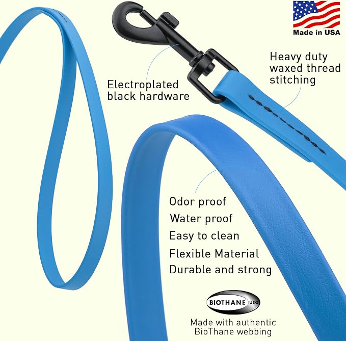 Dogline Biothane Waterproof Dog Leash Strong Coated Nylon Webbing with Black Hardware Odor-Proof Easy to Clean High Performance for Small or Large Dogs Made in USA 2 ft Lead, Cerulean Blue - Image 2