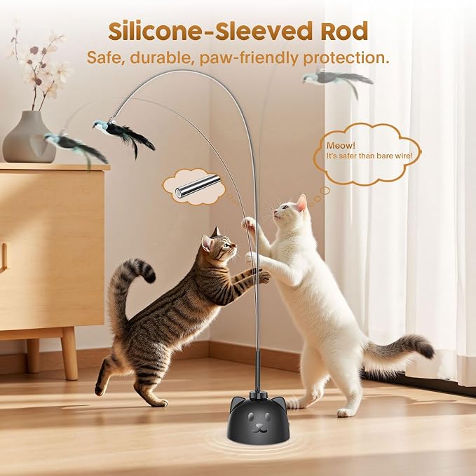 Interactive Cat Toys for Indoor Cats, 360° Automatic Spin Flying Bird Wand | 8cm Suction Cup & Weighted Base, Silicone-Protected Rod, USB Rechargeable with Replaceable Feather & Streamer Attachments - Image 4