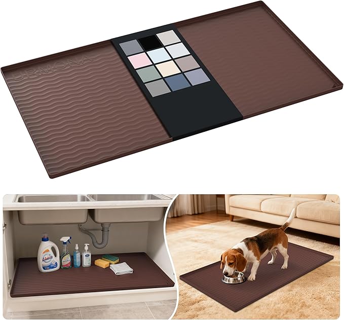 URMONA Waterproof Silicone Under Sink Mat 40'' x 22'' Shelf Liner for Kitchen and Bathroom, Cabinet and Counter Protector, Storage and Organizers, Litter Mat, Pet Cat Puppy Essentials(Brown) by URMONA