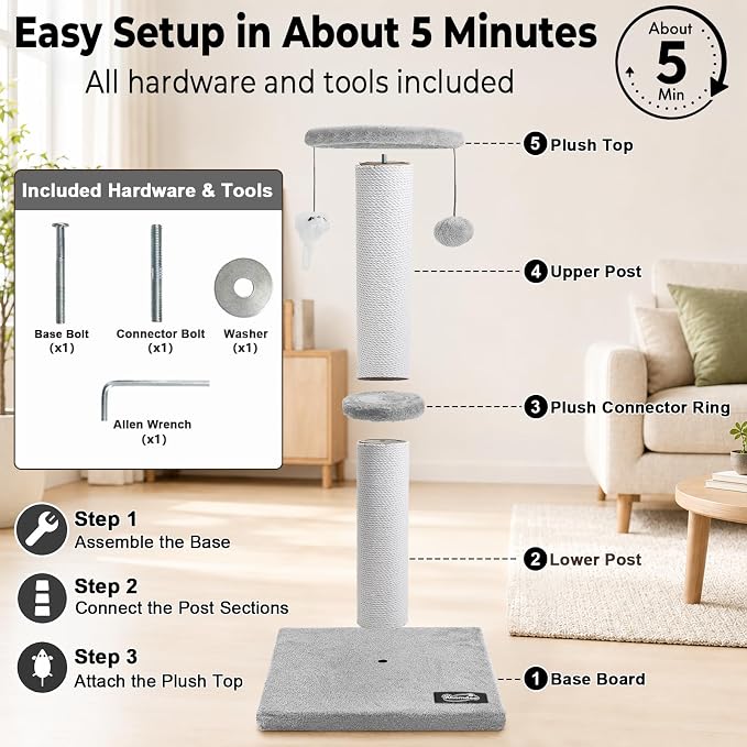 34"Tall Cat Scratching Post for Large Cats, Stable Base, Light Gray | Heavy-Duty Cat Scratcher, Extra-Tall Thick Post, Soft Natural Cotton Rope, Hanging Interactive Cat Toys, Indoor Cat Furniture - Image 6