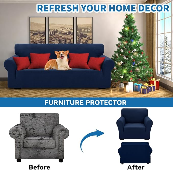 XINEAGE Stretch Jacquard Armchair Cover, Non Slip Sofa Slipcover for Dog | High-Stretch Fabric. Wear-Resistant, Pet Friendly. Easy Install & Washable for Living Rooms, Offices.Navy Blue - Image 4